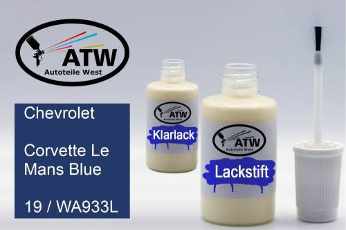 Chevrolet, Corvette Le Mans Blue, 19 / WA933L: 20ml Lackstift + 20ml Klarlack - Set, von ATW Autoteile West.